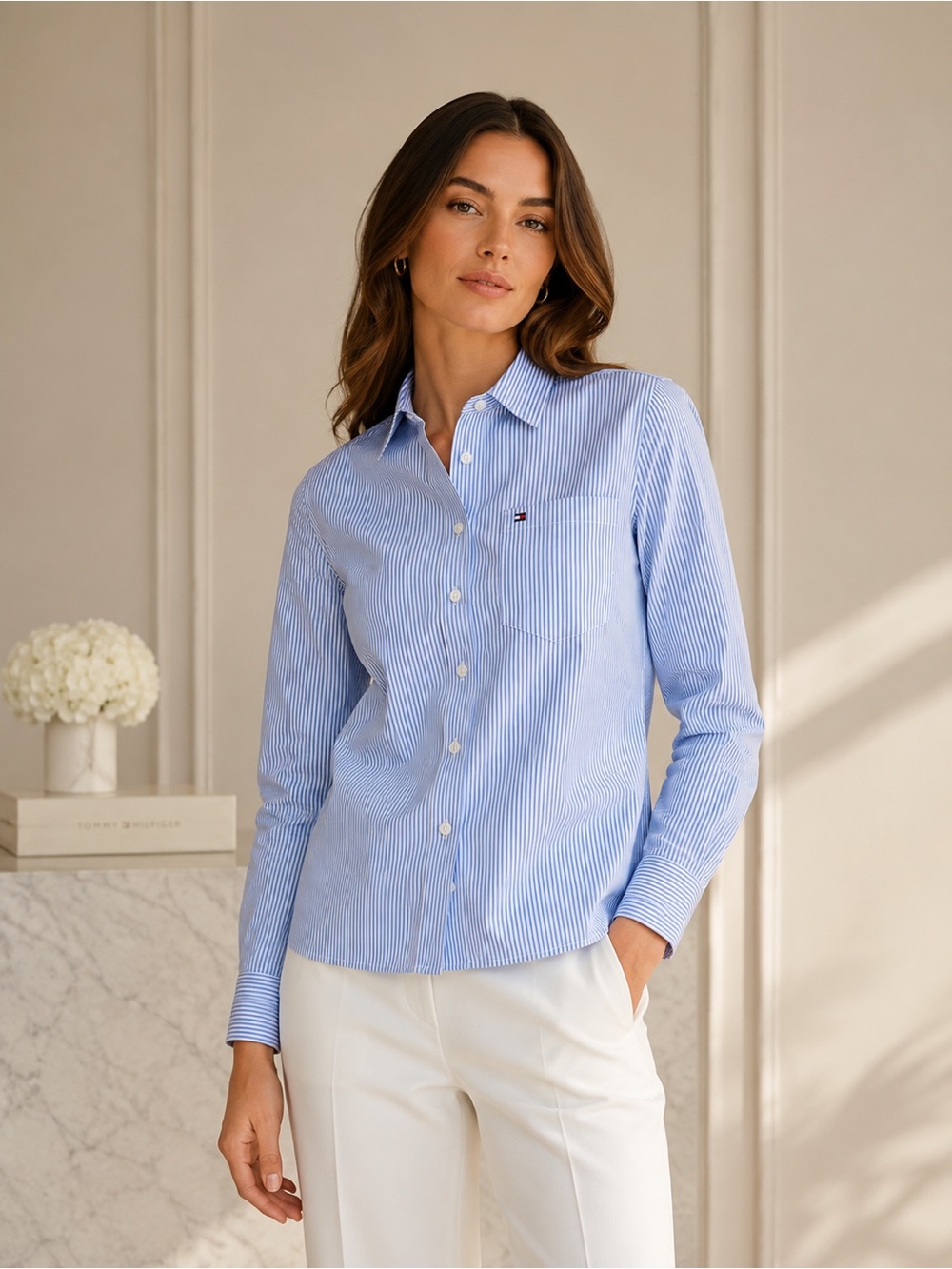 NEW - Tommy Hilfiger Women Blue Stripe Button Down Collared Shirt  XS